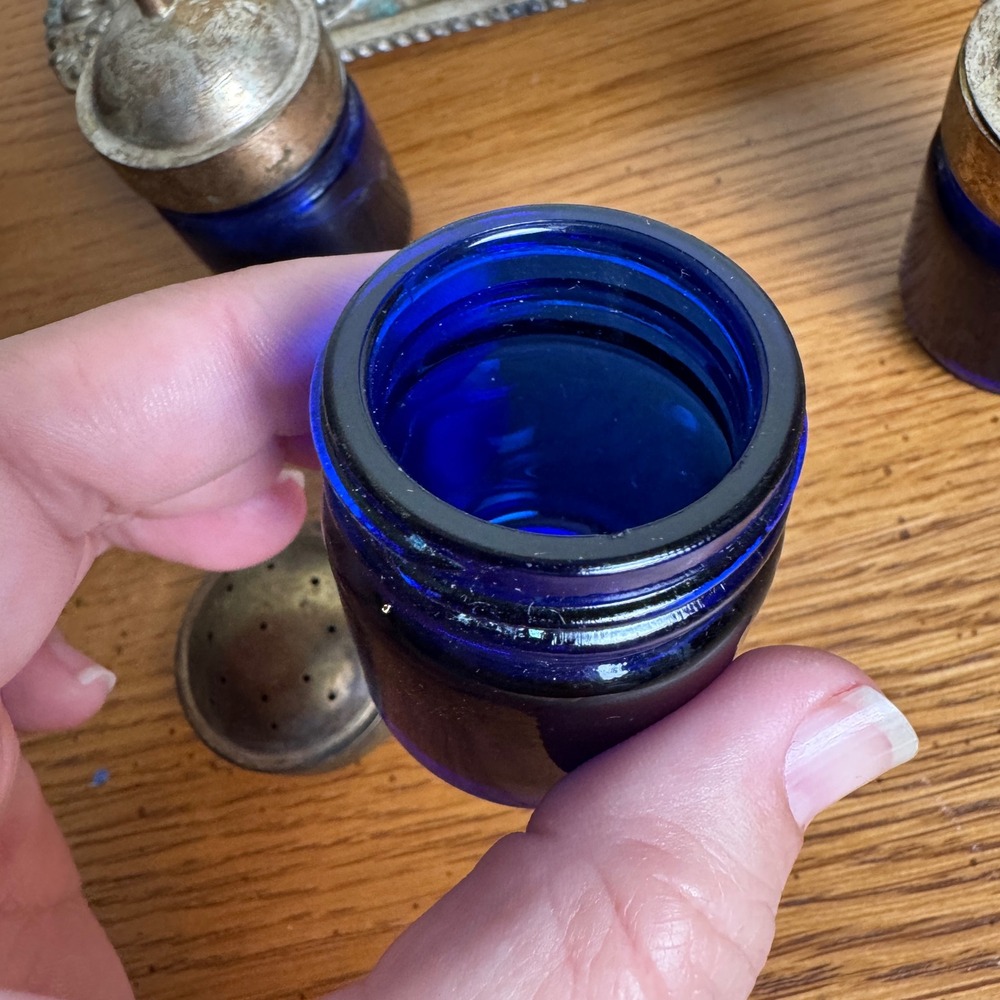 Victorian Era Antique Silver Plated Cobalt Blue Condiment Serving Caddy - Picture 10 of 16